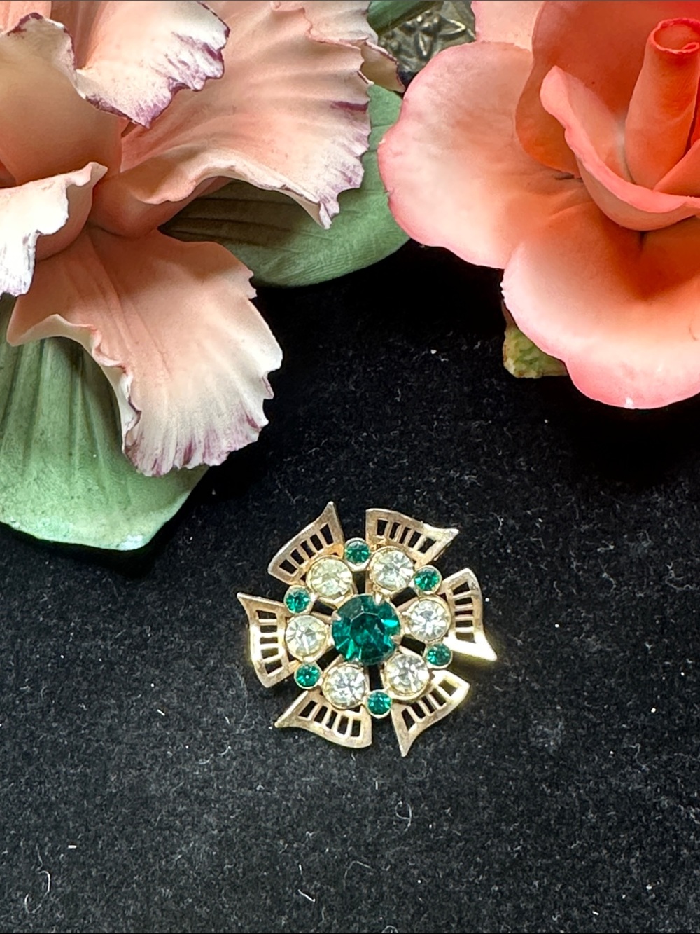 Gold-Tone Green and Clear Crystal Flower Brooch